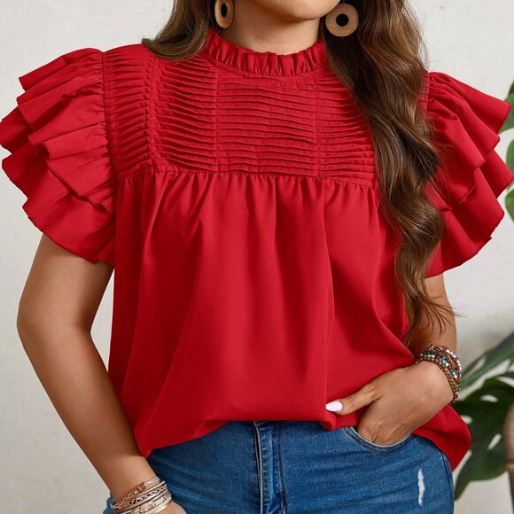 Red Casual Women's Plus Size Ruffle Trim Tops - Picture 4 of 6